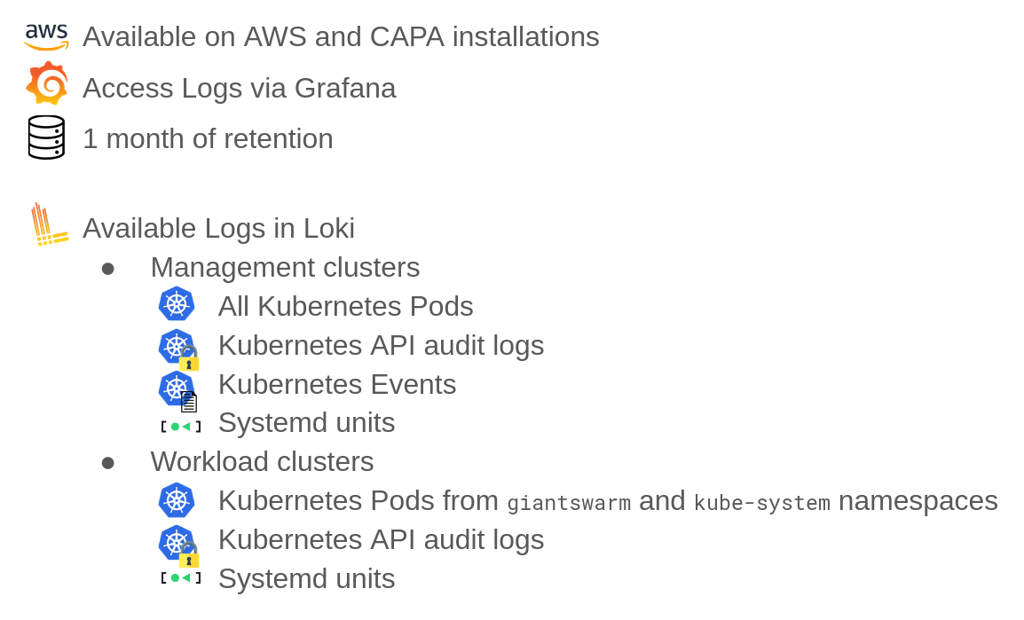 loki available on AWS, no WC logs, all components, access via Grafana, 1 month retention