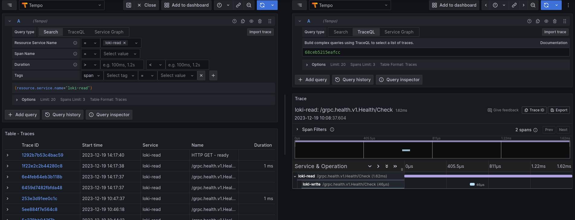 example of Loki traces stored in Tempo traces accessed through grafana